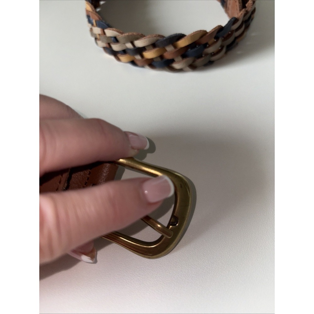 Leather Multicolor Braided Gold Toned Hardware Women's Belt Boho Brown XL - Picture 3 of 8